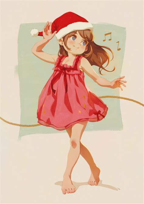 Safebooru 1girl Alkemanubis Barefoot Blue Eyes Brown Hair Christmas