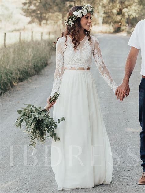 Best hair day, i needed someone to see it! Boho Two Pieces Long Sleeves Lace Beach Wedding Dress ...