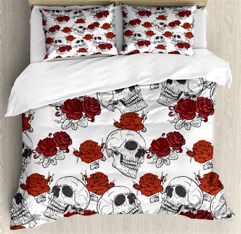Halloween Duvet Cover Set With Pillow Shams Roses Gothic Skull Print