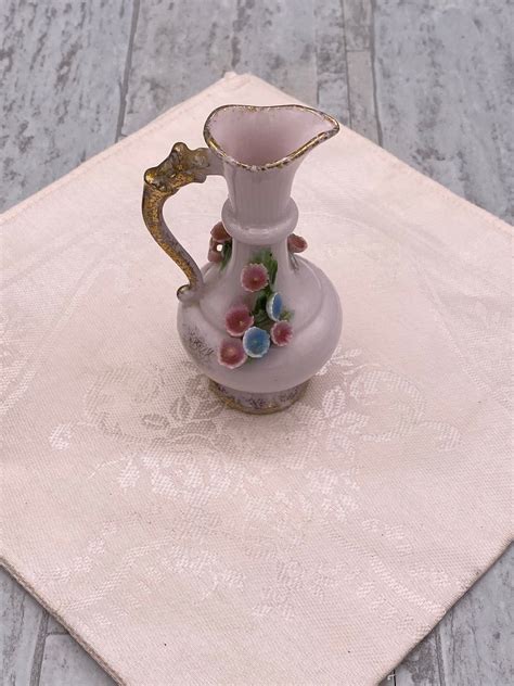 Miniature Pink Porcelain Vase Applied Roses Vintage Lefton Pitcher Shabby Chic T For Her