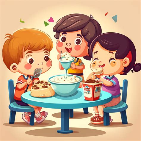 Cute Preschool Friends Eating Meal In The Kindergarten Childrens