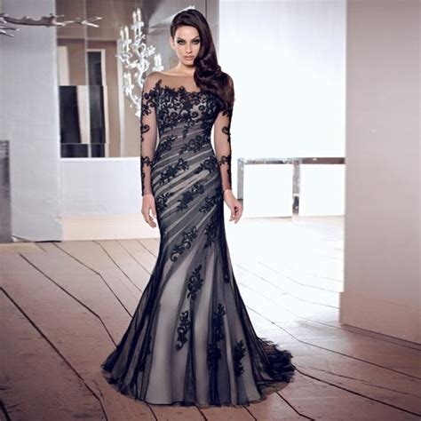 Elegant Long Black Evening Dress Robe Mermaid Prom Dresses Long Sleeve