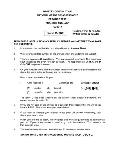 National Grade 6 Assessment Practice Test Papers 2020