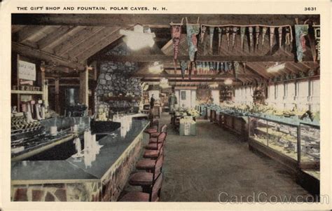 The caves were formed during the last ice age from granite boulders and are so named because the deepest cave is cold enough. The Gift Shop and Fountain, Polar Caves Rumney, NH