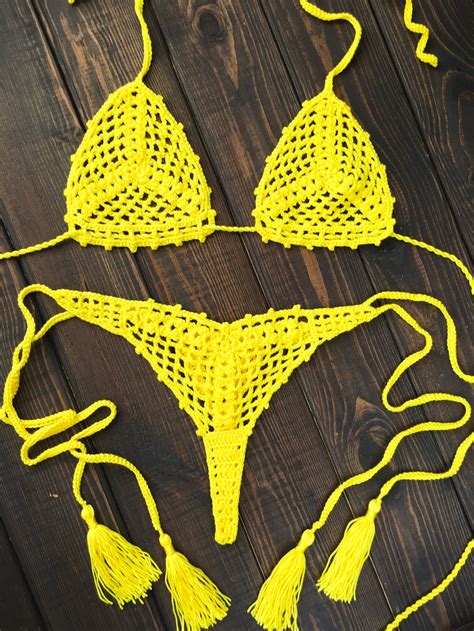 See Through Micro Bikini Yellow Crochet Thong Bikini Set Hot Sex Picture