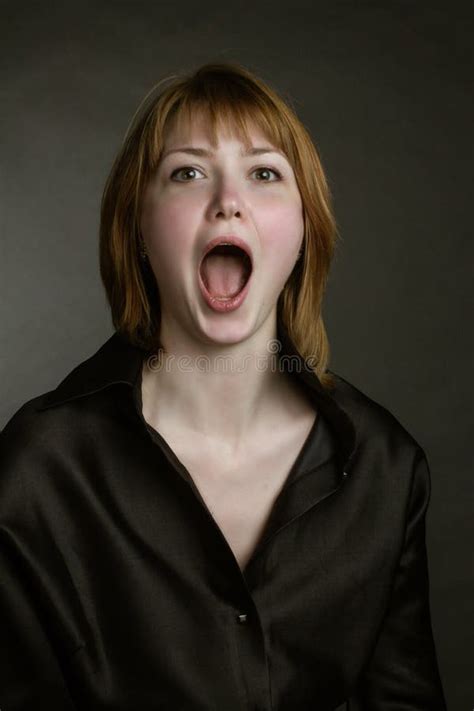 Portrait Of Redheaded Screaming Girls With Mouth Wide Open Stock Photo Image Of Anxiety Anger