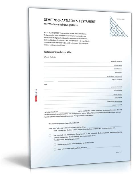 Muster für ein gemeinschaftliches testament. Gemeinschaftliches Testament mit ...