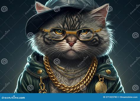 Cat Rapper Boss In Gangsta Style With Gold Chains Thug Life Concept