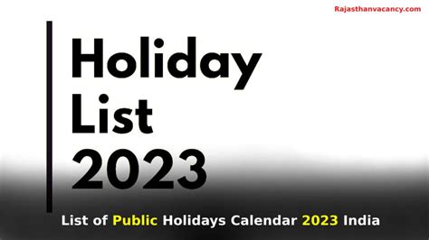 List Of Public Holidays Calendar 2023 India Rajasthan Vacancy