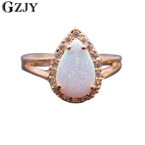 GZJY Luxury Waterdrop Engagement Party Fire Opal Ring Champagne Gold Color Zircon Rings For
