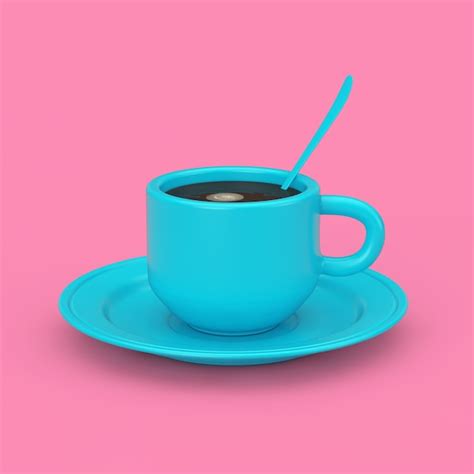 Premium Photo Blue Cup Of Coffee With Spoon Duotone On A Pink Background 3d Rendering