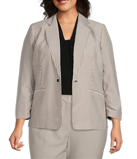 kasper plus size seersucker printed notch lapel long ruched sleeve one button coordinating
