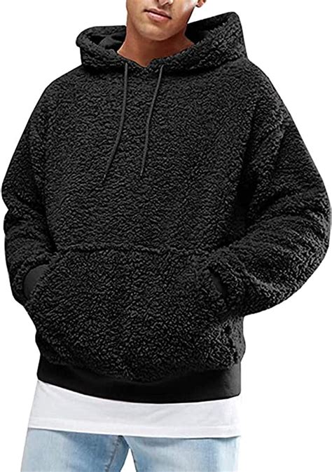 Mens Fuzzy Sherpa Pullover Hoodie Sweatshirts Long Sleeve Sport Front Pocket Fall Outwear Winter