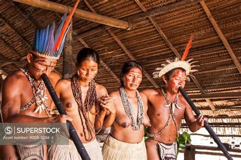 Iquitos Peru Amazon Jungle A Yagua Tribe Does A Cermonial Dance In Their Village Square Hut