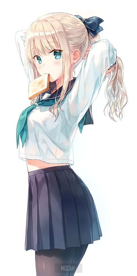 Anime Anime Girl Blonde Arms Up Tie Long Hair School Uniform