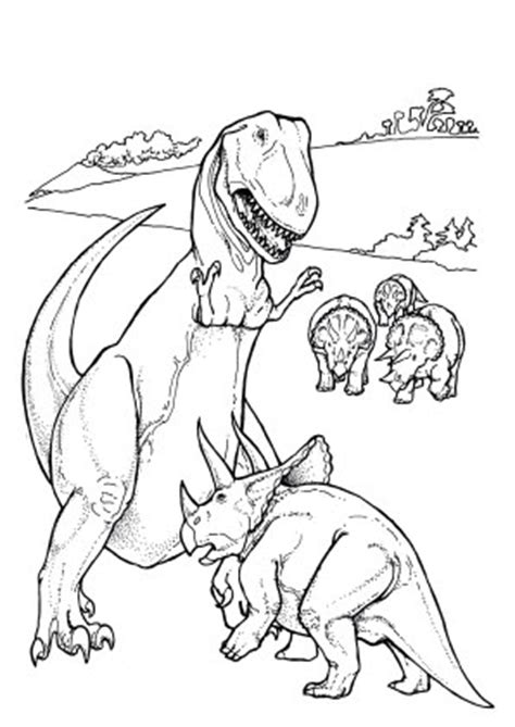 Kostenlose malvorlage dinosaurier und steinzeit: Ausmalbilder Tyrannosaurus Rex und eine Herde Triceratops - Dinosaurier Malvorlagen