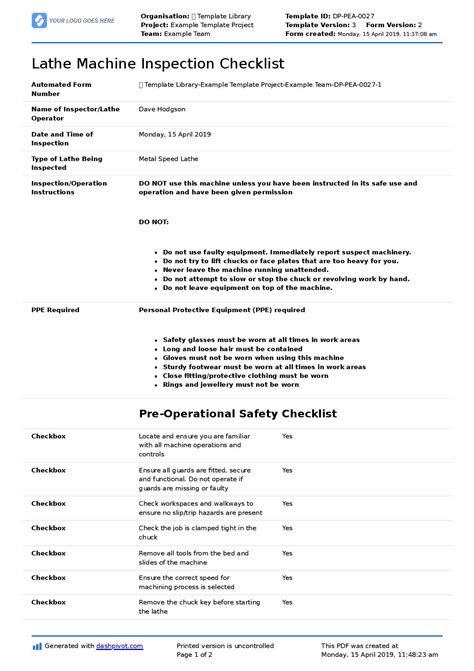 Lathe Machine Inspection Checklist Free And Flexible Template
