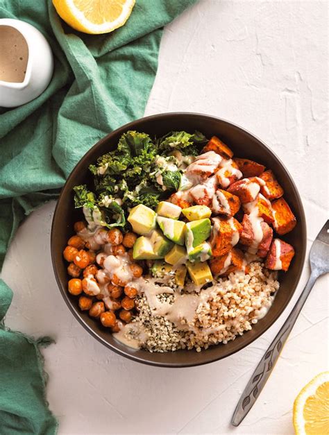 Remove the skillet from the heat and divide the mixture between two bowls. The classic vegan Buddha bowl, abundant with roasted sweet ...