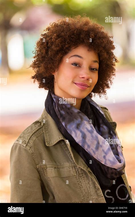Autumn Outdoor Portrait Of Beautiful African American Young Woman