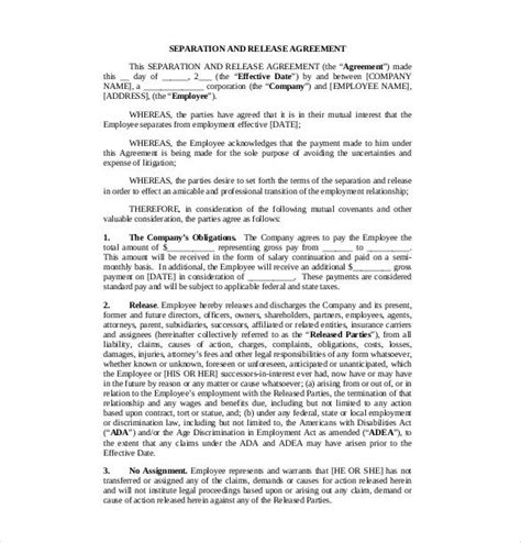 However, paying severance is a good way to ensure an employee feels taken care of and is not motivated to come back and haunt your business, be it below is a severance agreement template that you can customize for your small business and for the specific termination situation you are facing. 17+ Separation Agreement Templates - Free Sample, Example, Format Download | Free & Premium ...