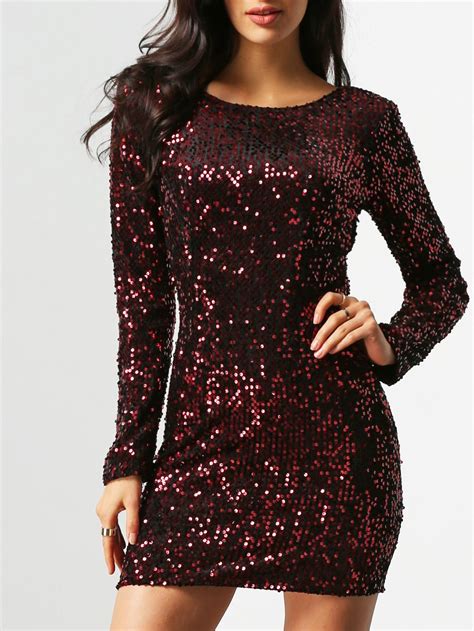 Wine Red Aubergine Long Evening Sleeve Sequined Glitzy Backless Dress