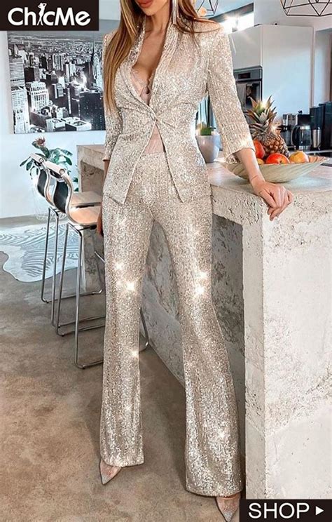 Sequin Buttoned Blazer And Pant Sets Top Pants Set Sequin Button