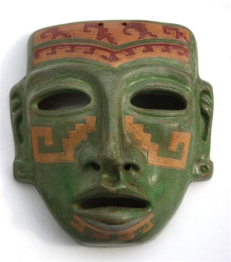 Aztec Mayan Tribal Mask In Forest Jade Green With Native Carvings And