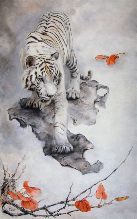 A Painting Of A White Tiger Walking On Top Of A Tree Branch With Orange