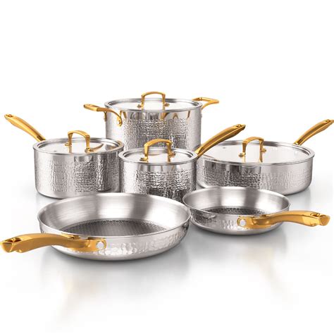 Homaz Life Pots And Pans Set Tri Ply Stainless Steel Hammered Silver