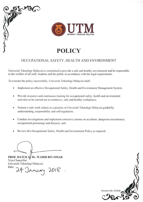 Health and safety policy policy owner: Policy | OCCUPATIONAL SAFETY, HEALTH AND ENVIRONMENT UNIT ...