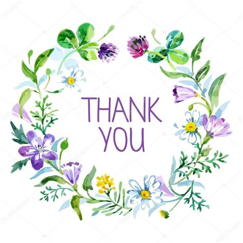 Thank You Card With Watercolor Floral Bouquet Vector Illustrati