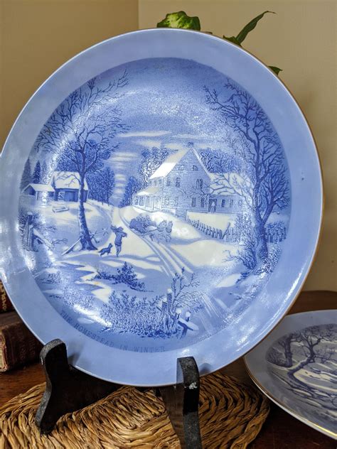 Vintage Decorative Blue Plates Currier And Ives Vintage Etsy