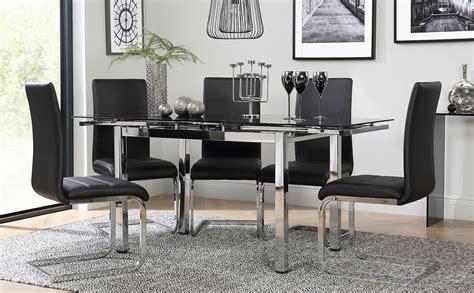 Space Chrome And Black Glass Extending Dining Table With 4 Perth Black