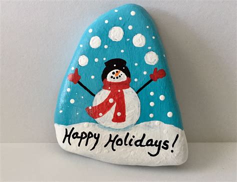 Happy Holidays Painted Rock Snowman Hand Painted Rock Snow Etsy Rock