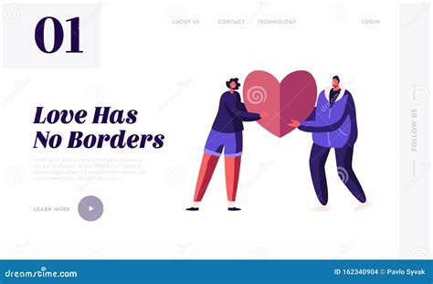 Valentines Day Dating Website Landing Page Loving Couple Share Huge Red Heart To Each Other