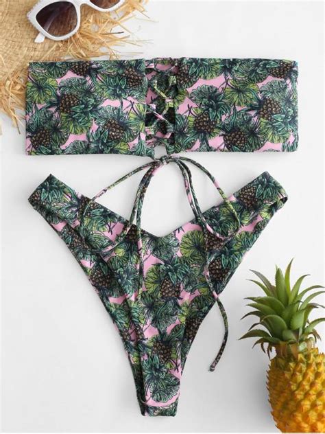 2020 Zaful Pineapple Leaf Lace Up Bikini Set In Hot Pink Zaful
