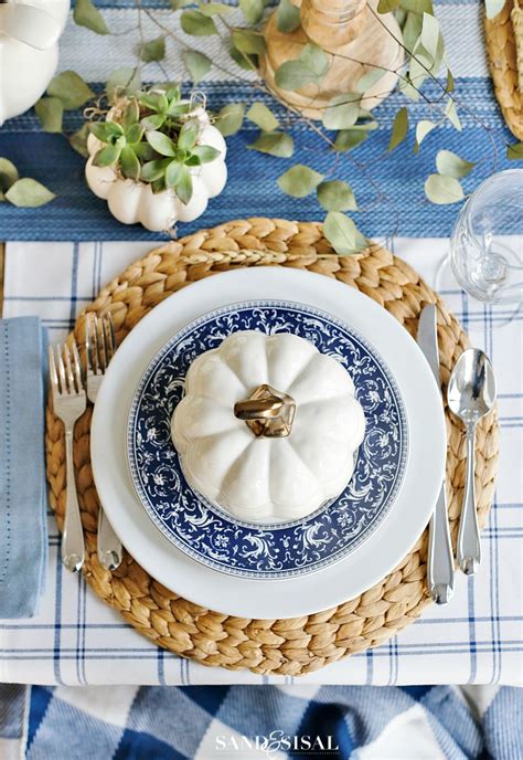 A Blue And White Thanksgiving Table Sand And Sisal