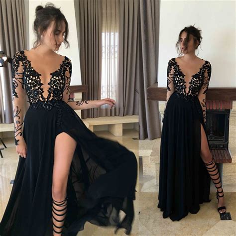 Black Long Sleeve Prom Dressapplique Deep V Prom Dresscustom Made
