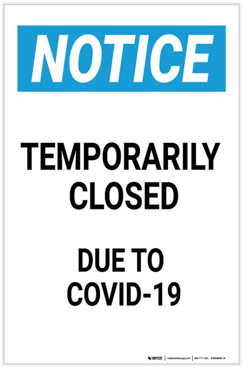 Notice Temporarily Closed Due To Coronavirus Label