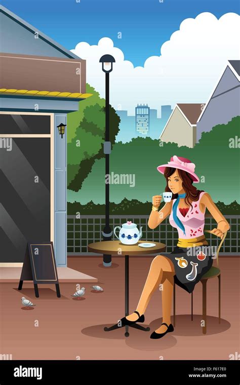A Vector Illustration Of Beautiful Woman Drinking Coffee In A Cafe