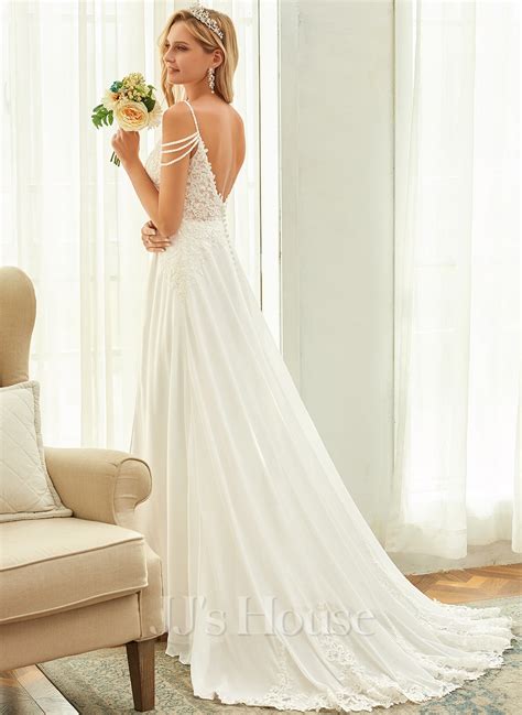 a line v neck sweep train chiffon lace wedding dress with beading sequins 002250149 jj s house
