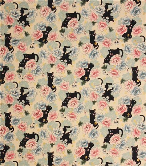 Beige Asia Flower Cat Fabric With Gold Metallic Print From Japan Modes4u