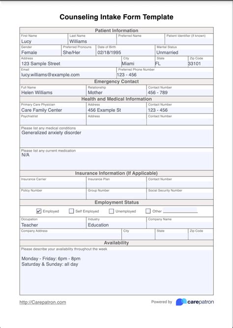 Counseling Intake Form Template And Example Free Pdf Download