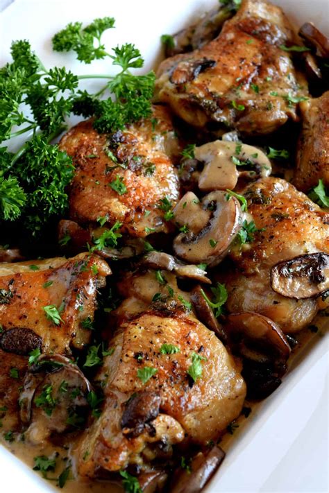 These baked chicken thighs pack in garlic flavor, crispy skin, and a super tender, juicy middle! Creamy Mushroom Sauce Baked Chicken - Lord Byron's Kitchen