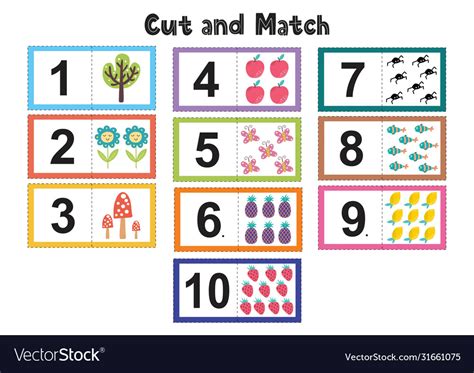 Numbers Flash Cards For Kids Cut And Match Vector Image