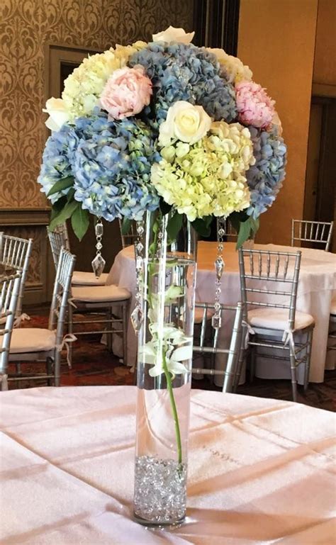 Wedding Centerpiece Tall Cylinder Vases Hydrangeas Peonies Roses And Bling Wedding