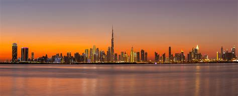 Panorama Of Dubai Business Bay Skyline At Night After Sunset With