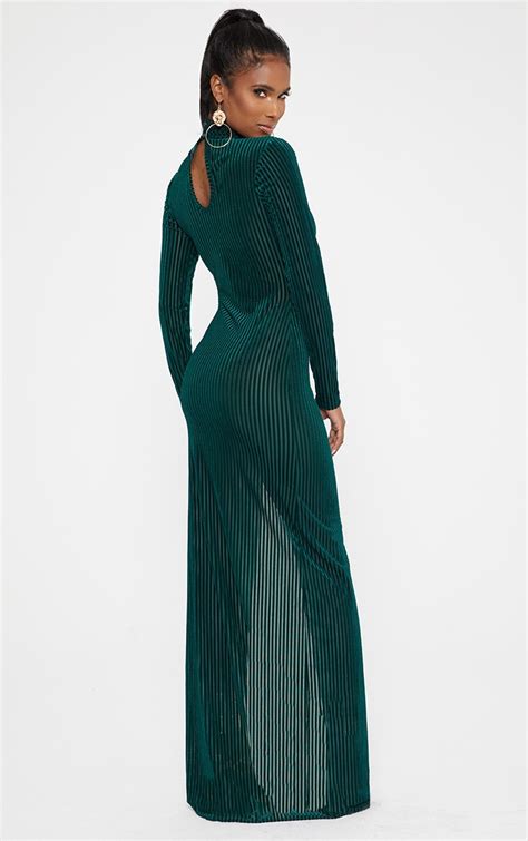 Emerald Green High Neck Long Sleeve Extreme Split Maxi Dress