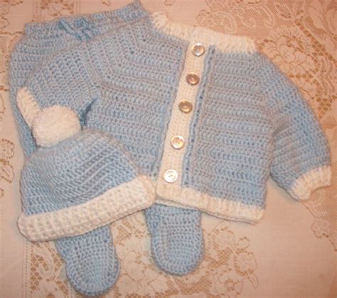 Crochet Baby Boy Blue Sweater Set Layette With Leggings