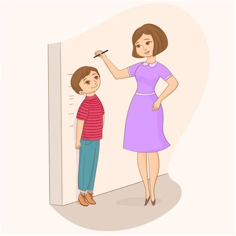 Mother Measuring Her Sons Height At The Wall Premium Vector